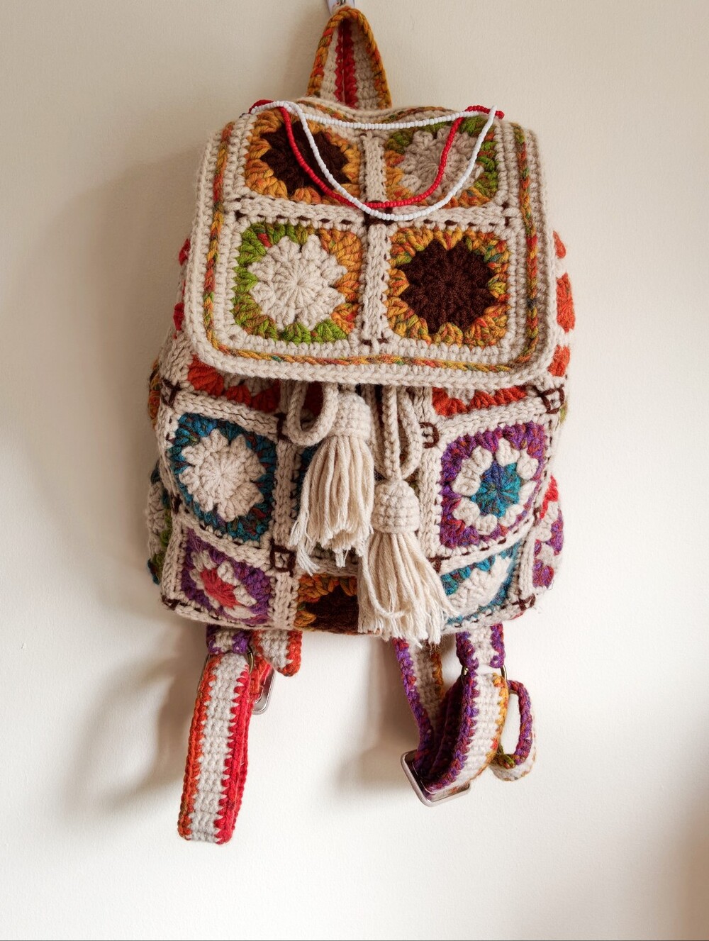 Handmade Crochet Cream Multicolor Backpack, Hippie Style Purse